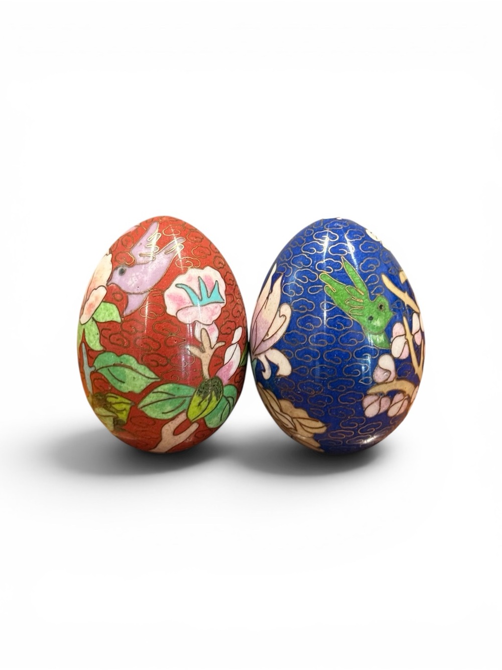 Vintage Cloisonné Egg Figurines Set of 2 Floral Bird Design, Asian Collectible